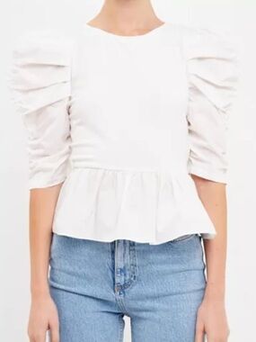 English Factory Women’s White Pleated Puff Sleeve Top, Size XS